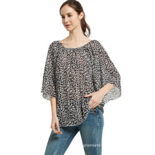 women brown leopard print recycled chiffon blouse on shoulder and off-shoulder neck top with slit sleeves